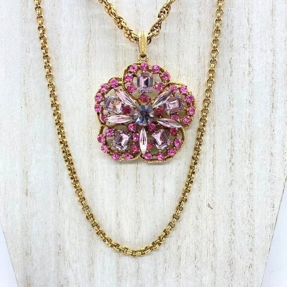 Unbranded Jewelry - Vintage Pink Crystal Pendant Necklace With Gold Tone Double Rope Chain 30"